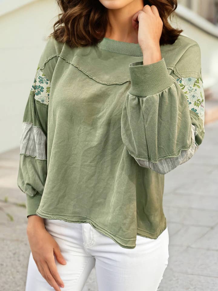 Laurel Green Floral Plaid Mixed Sleeve Raw Edge Relaxed French Terry Top for wholesale on Faire1