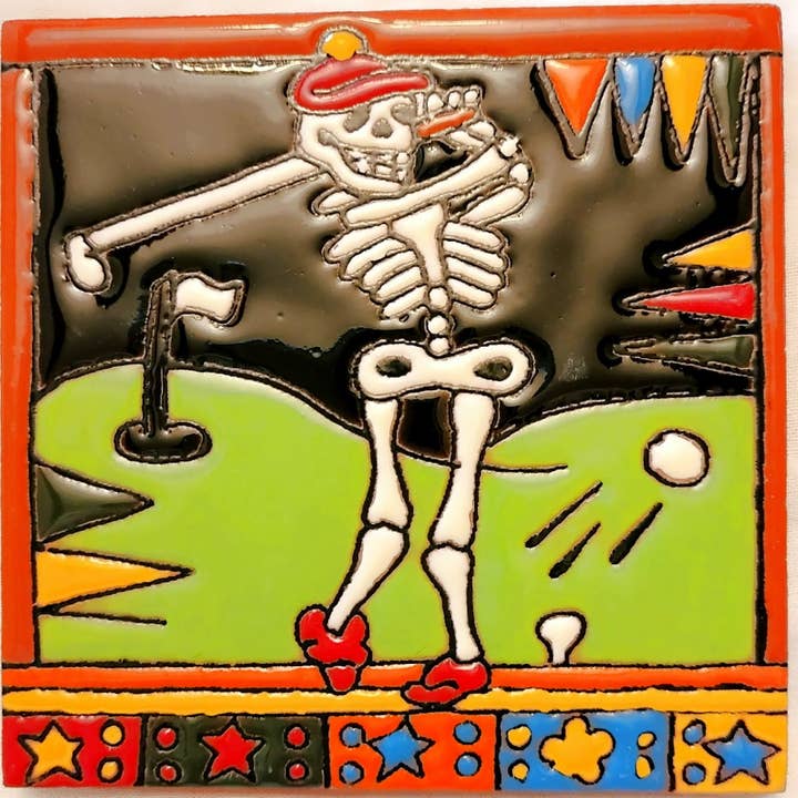 Arara Enterprises - Wholesale Wall Tile - Day of the Dead Skeleton Golfer Wall Tile, Made in Mexico