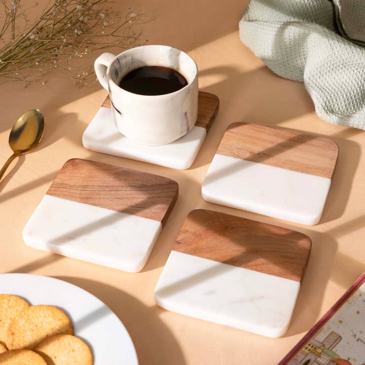 LuxeDesigns Co LLC - Wholesale Coasters - Square Wood and Marble Drinks Coasters Set of 4 1