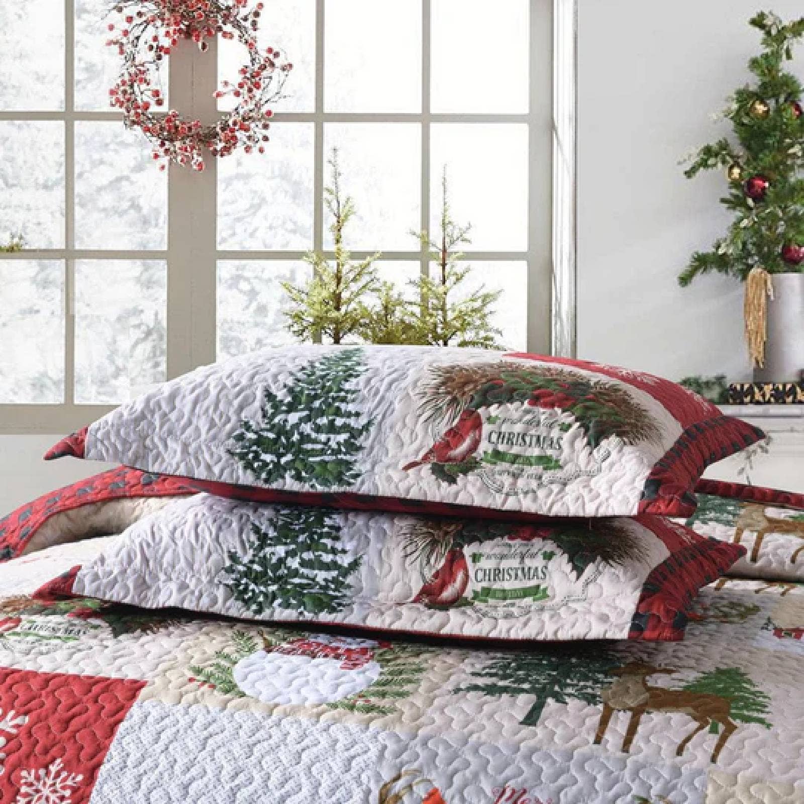 Sixale - Wholesale Bedding Set - Marcielo Christmas Quilt Set - Christmas Snowman Pattern Holiday Bedding Bed Set (1 Quilt 2 Pillow Shams) - BY0133
