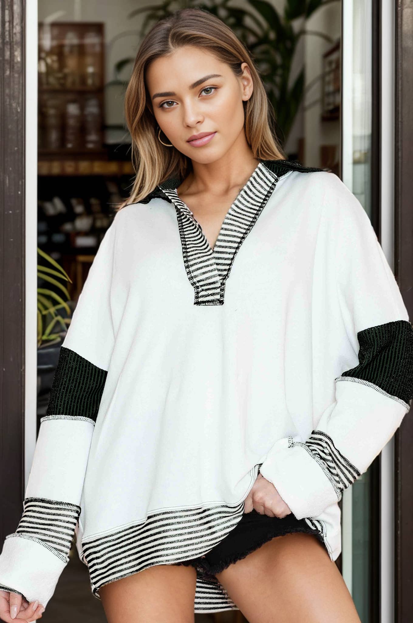 Burgundy Apparel - Wholesale Tunic - Women's - SOLID LOOSE FIT TOP WITH STRIPE CONTRAST