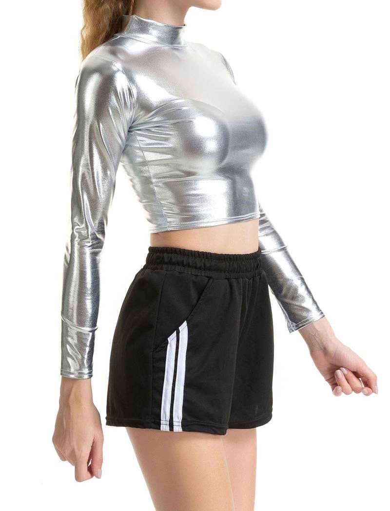safistyle - Wholesale Blouse - Women's - Shiny Mock Neck Long Sleeve Crop Top5