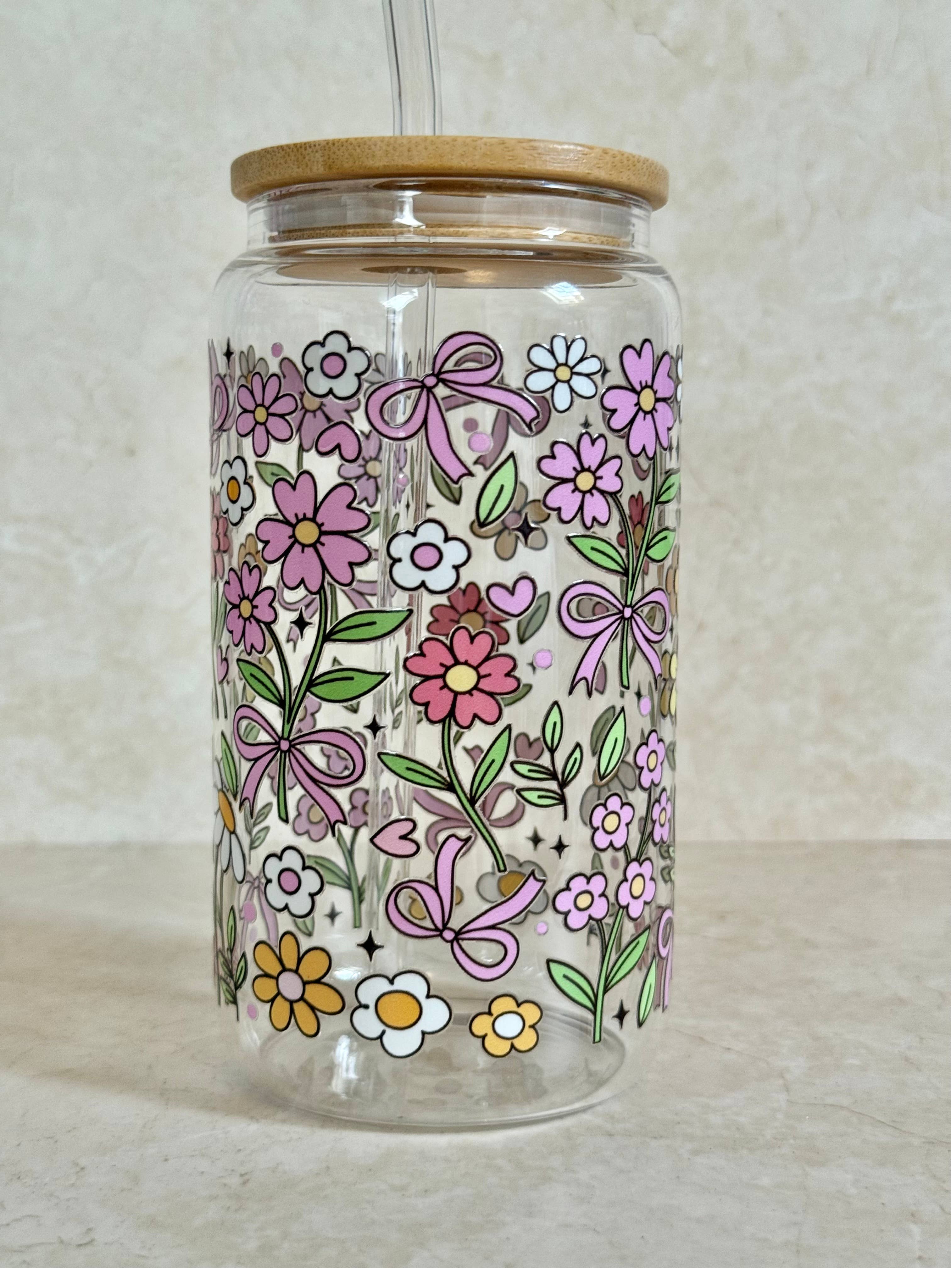 the cute cloud - Vendita all'ingrosso Bicchiere/tazza - Bicchiere in Vetro con Contorni di Fiori con Coperchio in Bambù e Cannuccia in Vetro3