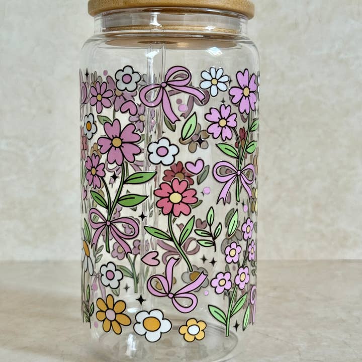 the cute cloud - Vendita all'ingrosso Bicchiere/tazza - Bicchiere in Vetro con Contorni di Fiori con Coperchio in Bambù e Cannuccia in Vetro3