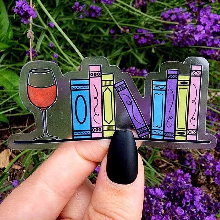 3 Inch Bookshelf Wine Sticker, Clear Sticker for wholesale by The Dungeon Rose
