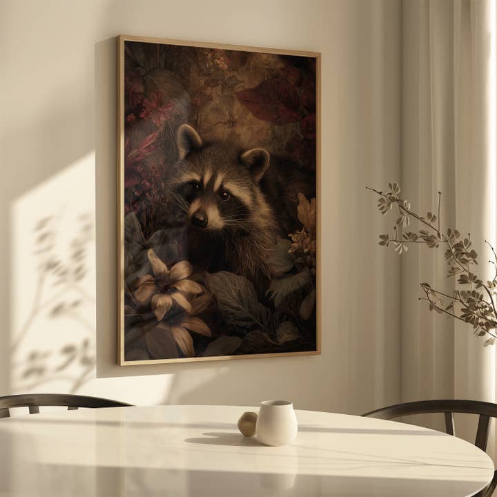 IuliiaArtPrints - Wholesale Art Print - Dark Academia Raccoon Print – Woodland Animal & Fall Florals7
