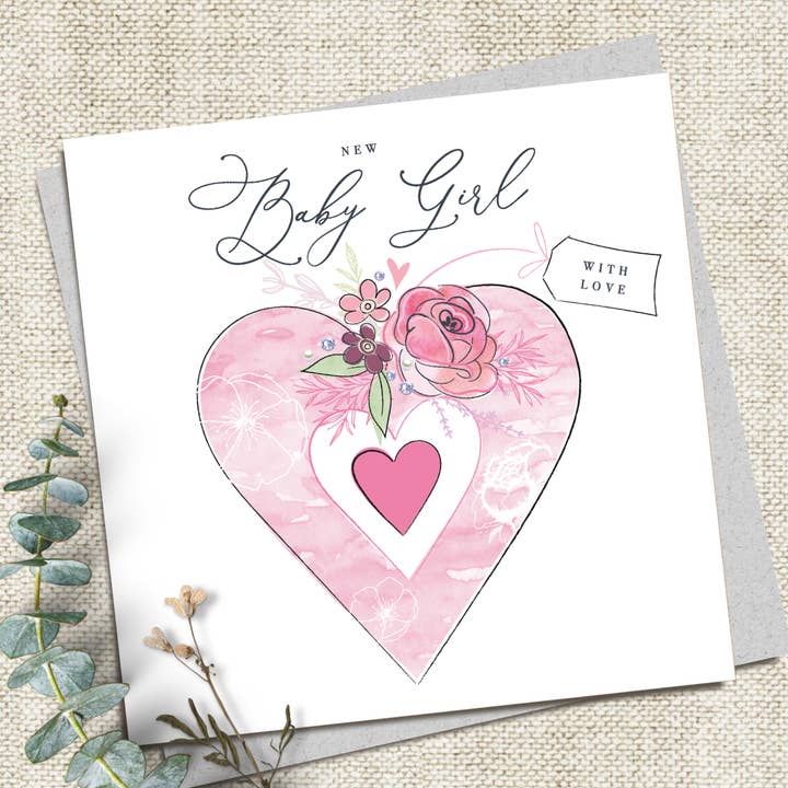 New Baby Girl with love - pink heart for wholesale by Katie Phythian Design