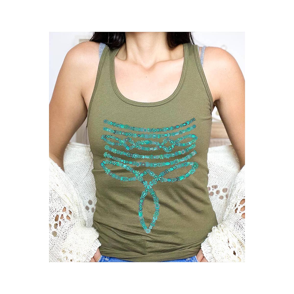 COLORBEAR - Wholesale Tank Top - Women's - Turquoise Stone Stitch Graphic Racerback Tank Top7