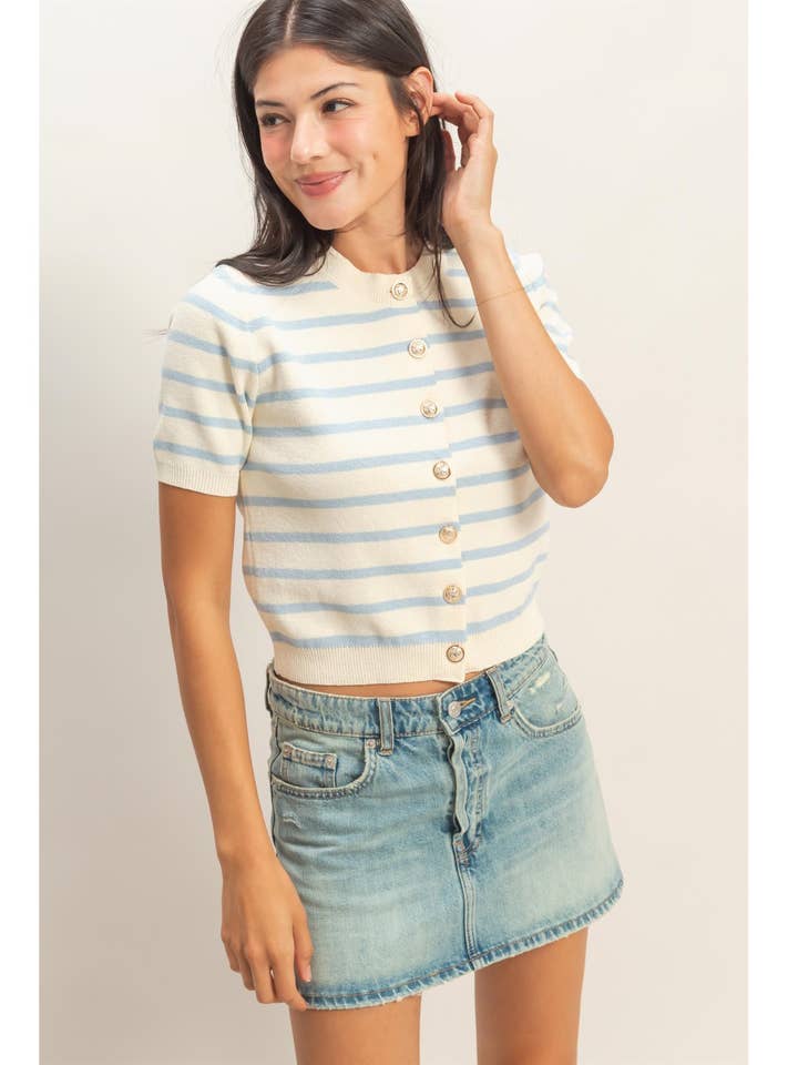 Striped Short Sleeve Button Up Cardigan for wholesale by HYFVE