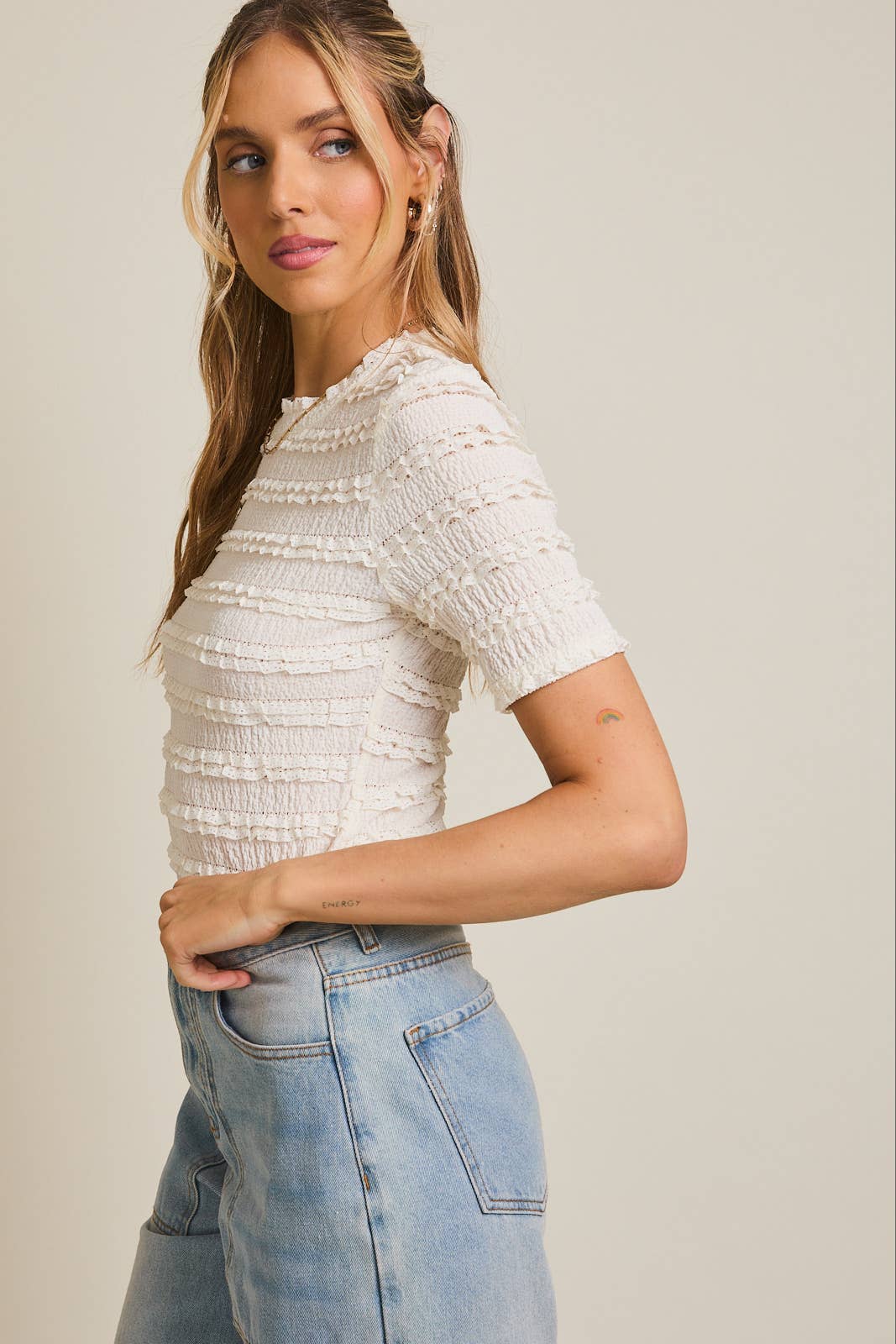 GILLI - Wholesale Blouse - Women's - STRIPE LACE MOCK NECK HALF SLEEVE LACE TOP8