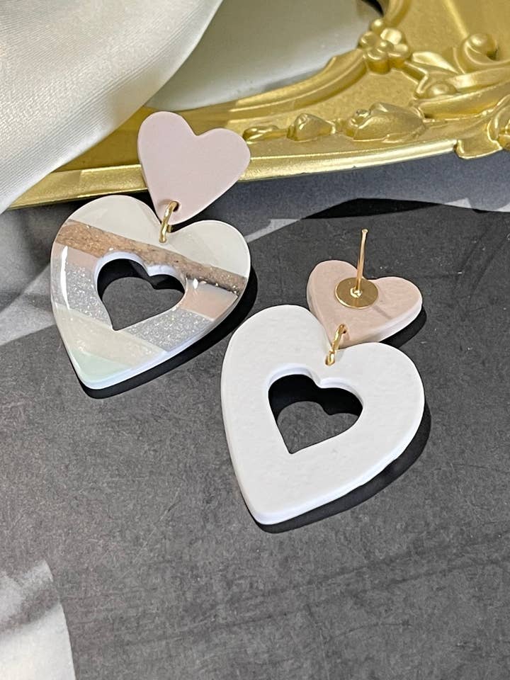HANDCRAFTED - Lovey Polymer Clay Striped Heart Earring for wholesale by Cherry Casa
