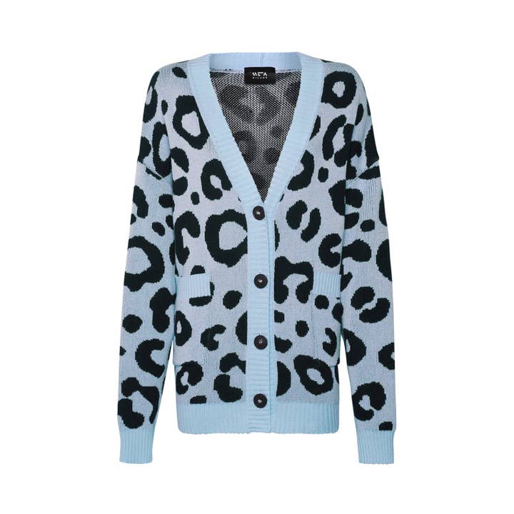 Georgia light blue/black leopard-jacquard long cardigan for wholesale by Sveta Milano