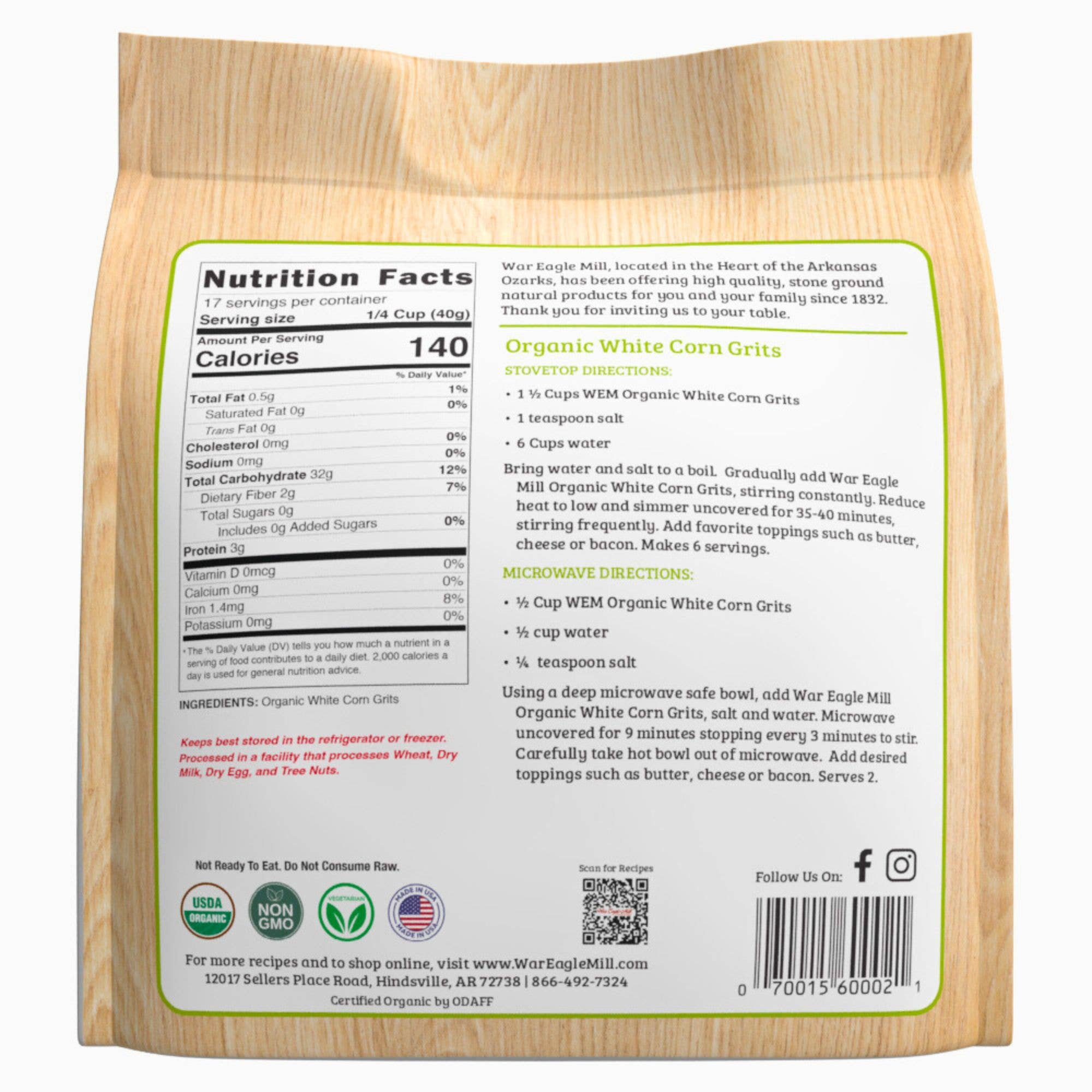 War Eagle Mill Food Group - Wholesale Grits - Organic White Corn Grits – 24 oz1