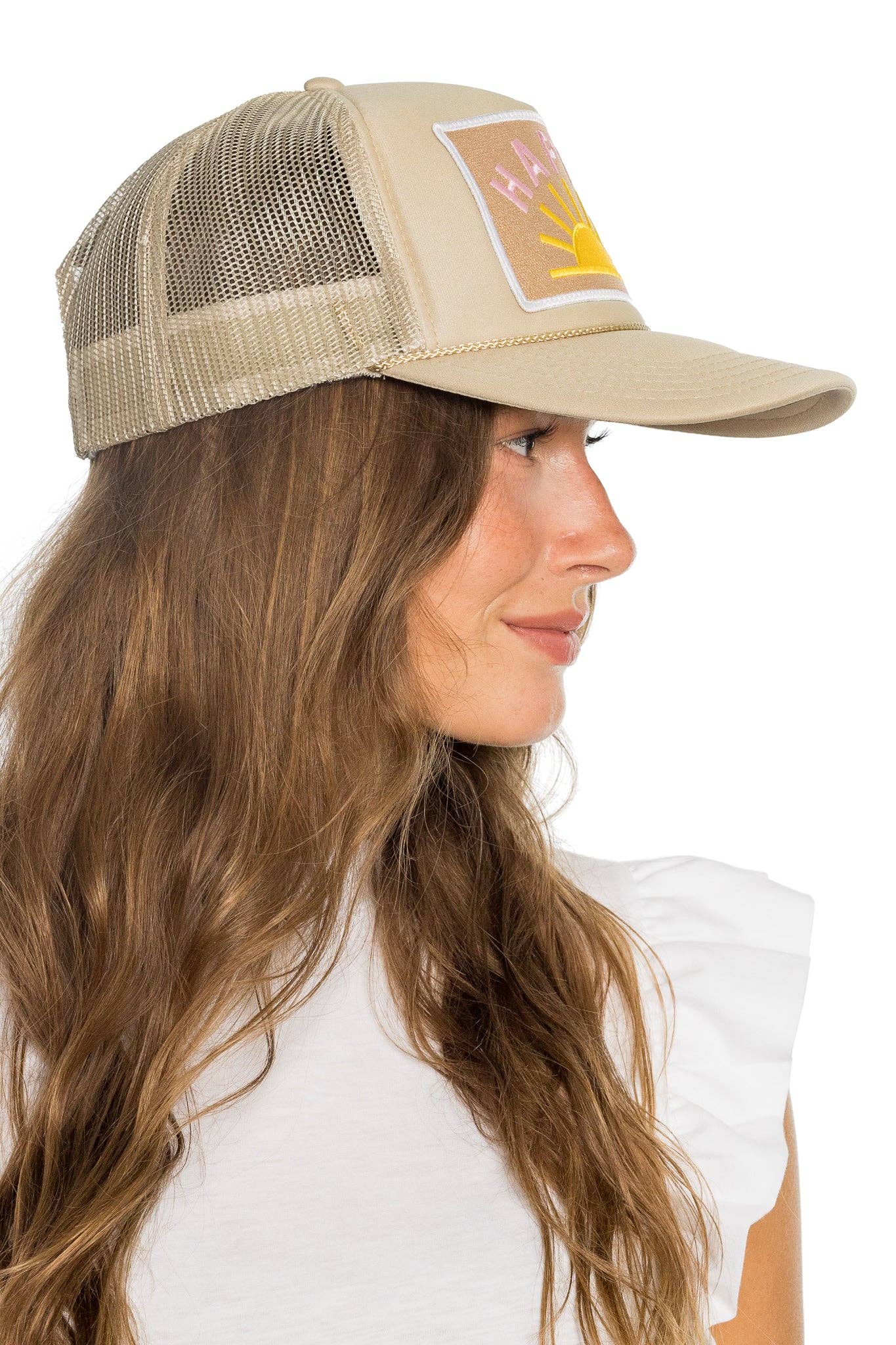 Happy Sun Trucker Hat in Tan for wholesale on Faire4