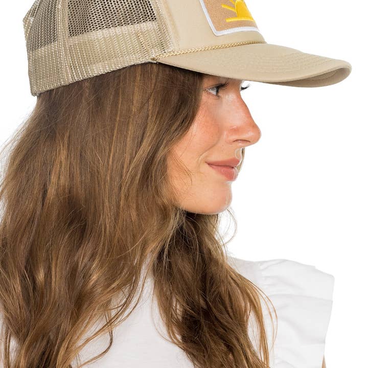 Happy Sun Trucker Hat in Tan for wholesale on Faire4