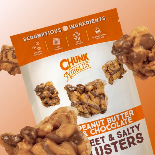 Chunk Nibbles - Wholesale Pretzels - Peanut Butter Chocolate Chunk Nibbles 4.25oz Pouch1