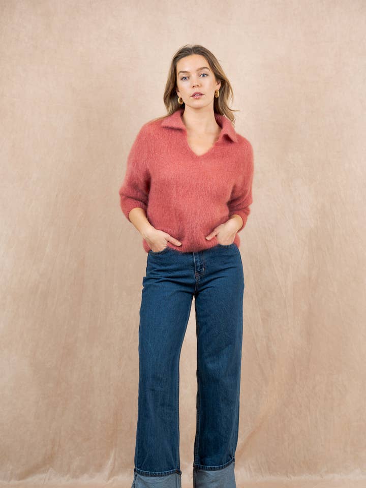 3/4 sleeve polo neck sweater in 80% kid mohair for wholesale by NAÏS PARIS