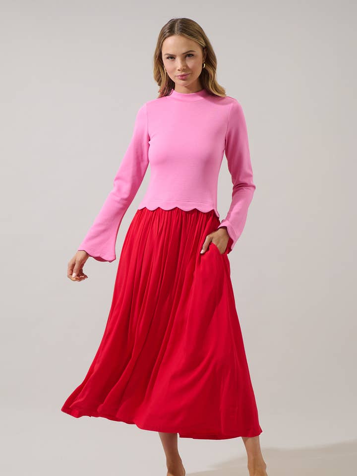 Pink Red Zenie Color Block Midi Dress for wholesale on Faire0