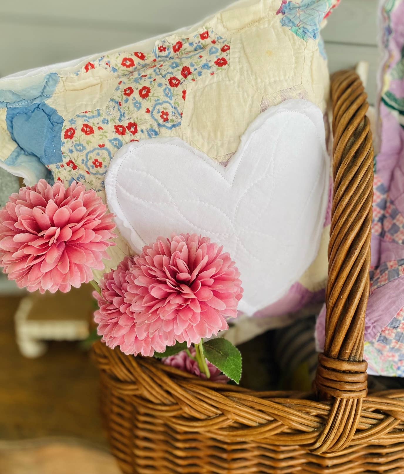 A Gnome on the Roam - Wholesale Throw/Decorative Pillow - Vintage Quilt Block Pillow with Heart Appliqué Cottagecore3