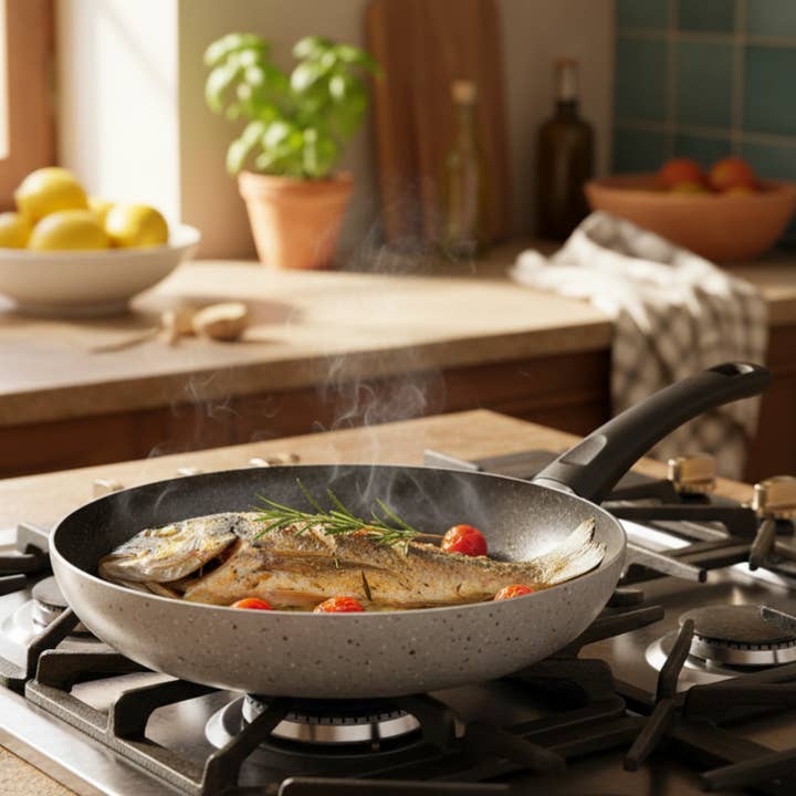 Padella antiaderente maneggevole alluminio PFOA free antigraffio pratica cottura veloce made in italy per la vendita all'ingrosso da parte di Mamù Cookware