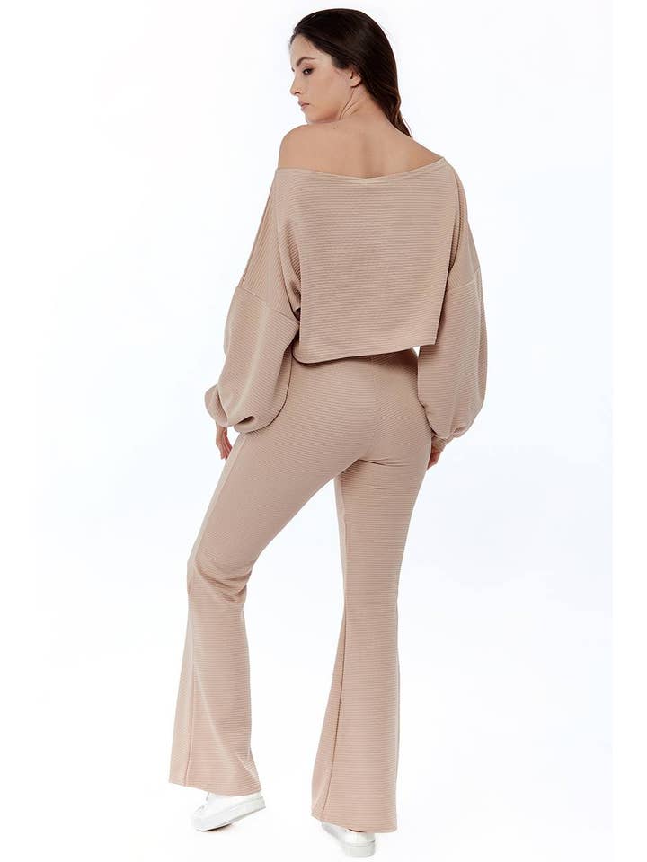 AVINCI – wholesale Top & pants set (NOT Loungewear) – Women's – Ribbed Two-Piece Off-the-Shoulder Crop Top Wide Leg Trouser Set8