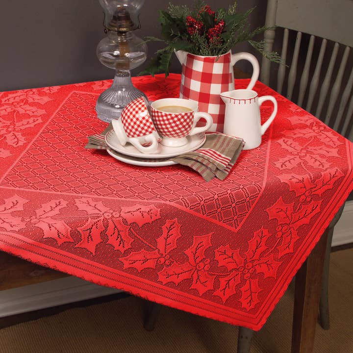 Holly Vine 58x58 Red Lace Table Topper for wholesale by Heritage Lace