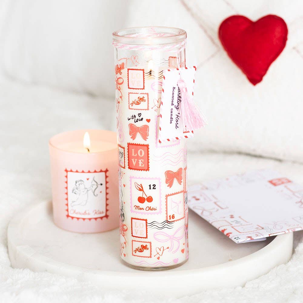Something Different Wholesale – wholesale Jar/filled candle – Valentine Postage Stamp Print Sparkling Rose Tube Candle0