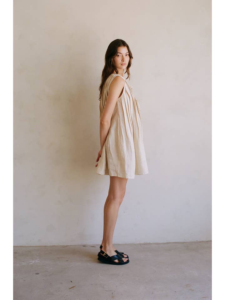 Beige AR1175 | Woven Linen Pleated Sleeveless Flare Mini Dress for wholesale on Faire