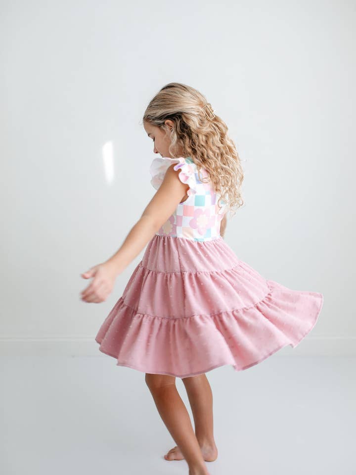 Girls Pink Check Retro Swiss Dot Spring Easter Dress for wholesale by Adorable Sweetness