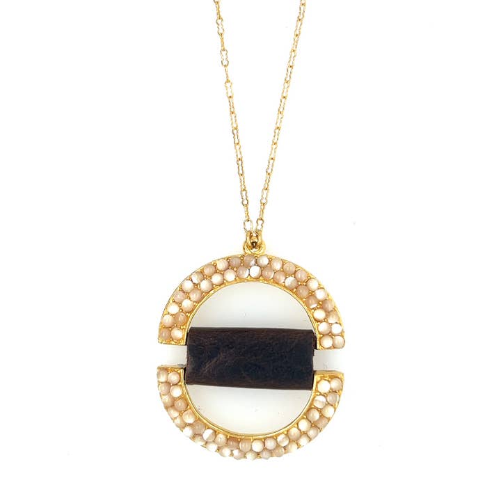 Rebel Designs Accessories - Wholesale Pendant/Charm Necklace - Two Half Circles w Leather Ctr Necklace in Gold Finish