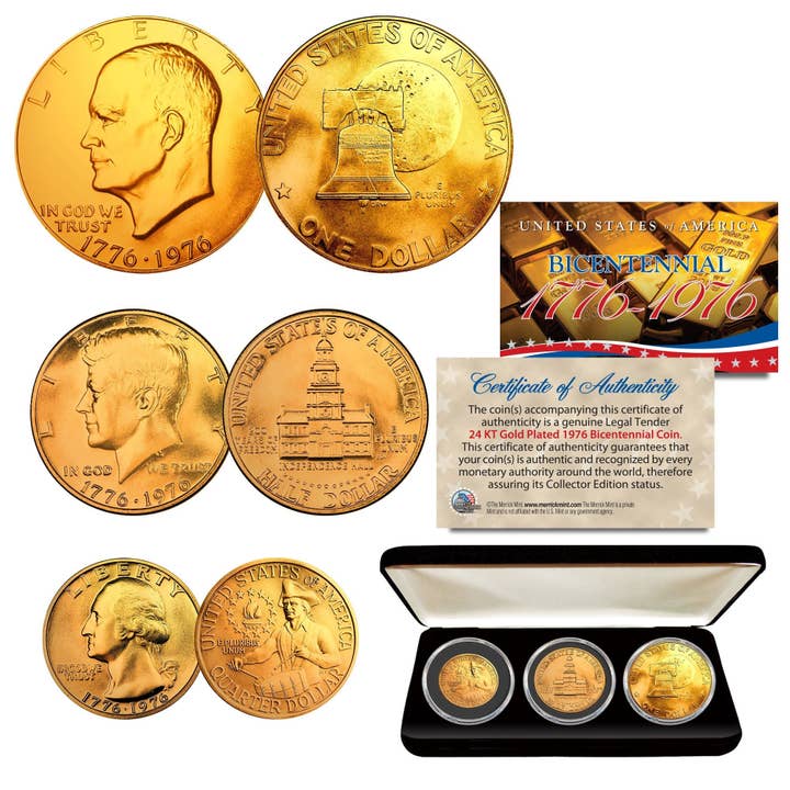 Monete d'oro da 24 carati del bicentenario del 1976 Jfk Half/Ike Dollar/Moneta da 3 quarti con scatola - Spedizione veloce e gratuita negli Stati Uniti per la vendita all'ingrosso da parte di The Merrick Mint