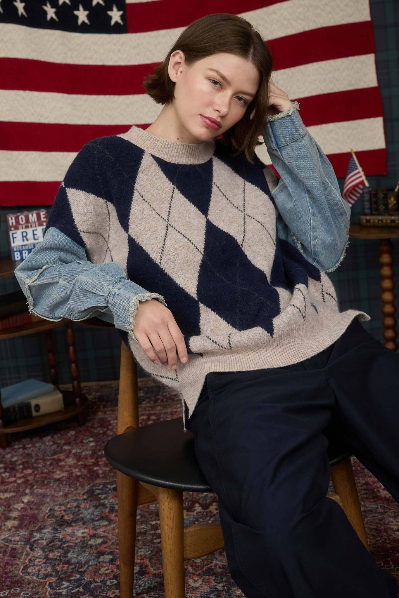 Blu Pepper – Engroshandel Pullover - Dame – ARGYLE STRIKTRØJE MED SLIDTE DENIMÆRMER6