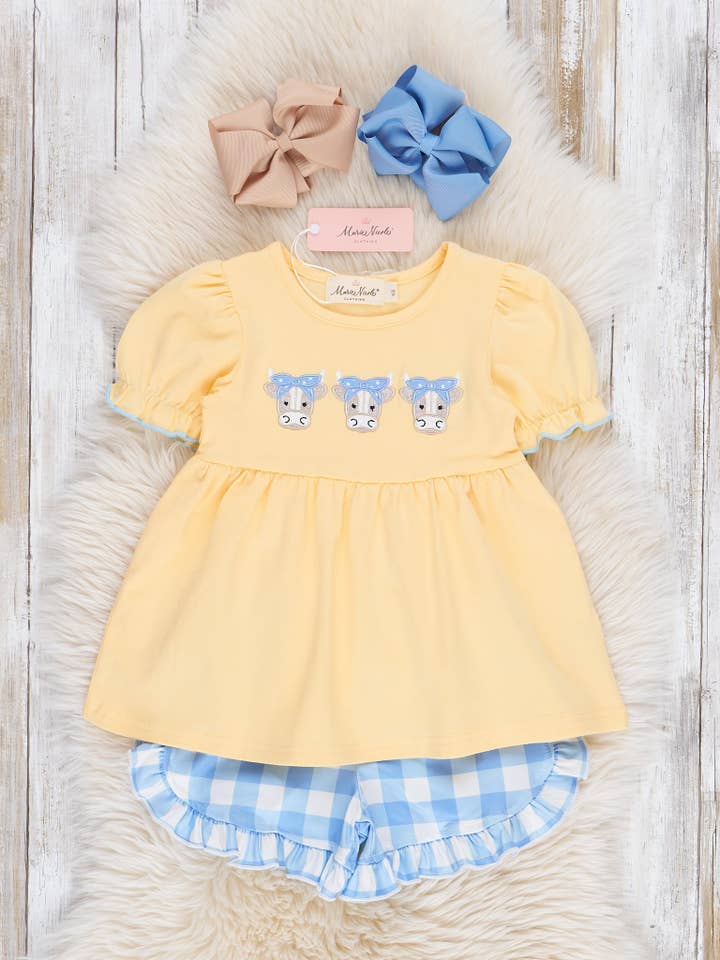 Marie Nicole Clothing - Wholesale Top & Short Set - Kids - Embroidered Cows Gingham Ruffle Outfit