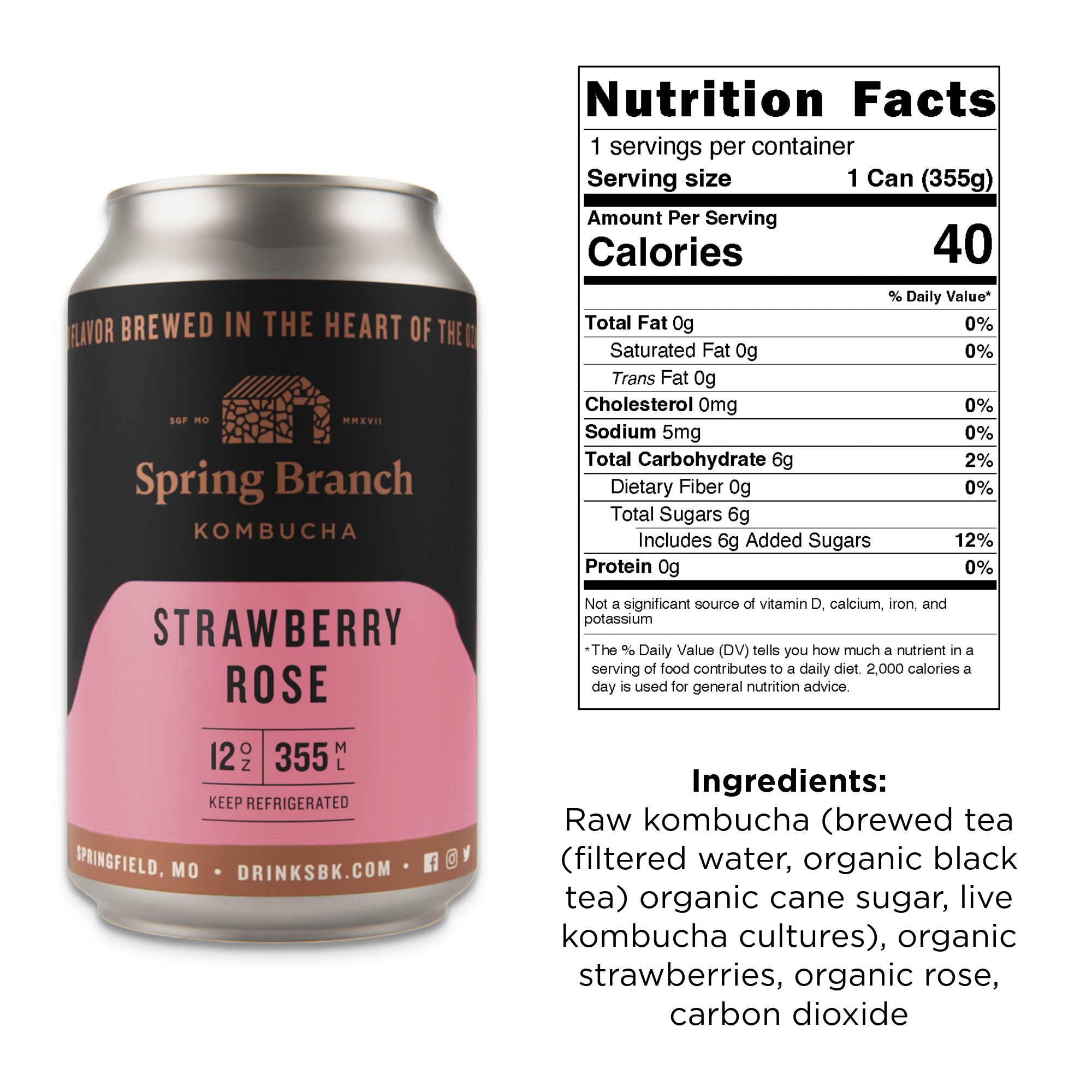 Spring Branch Kombucha - Wholesale Kombucha - Strawberry Rose Kombucha - Low Sugar, Gluten-Free, 12 oz2