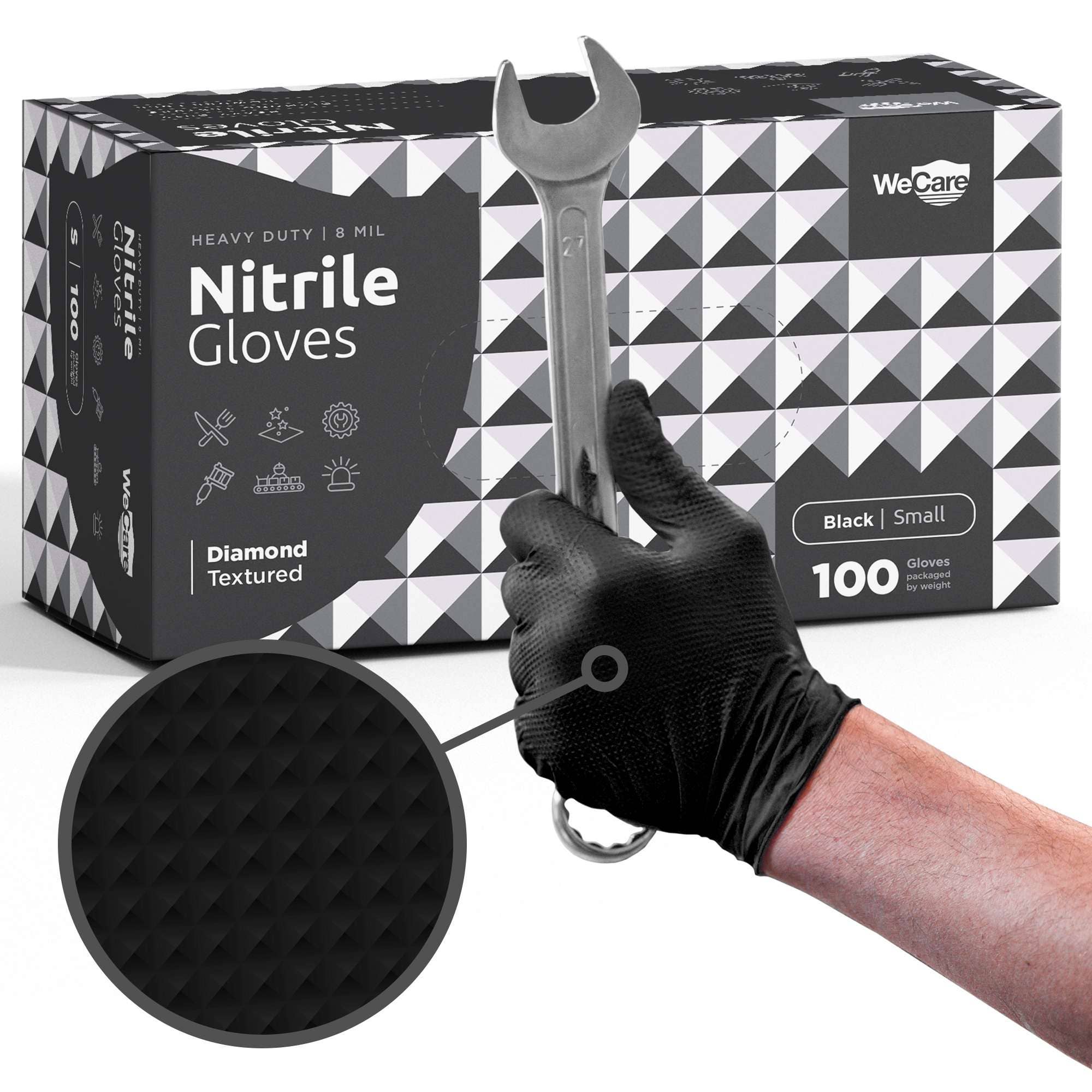 ShopHomeMed - Wholesale Gloves - Unisex - WeCare Diamond Textured Black Nitrile Gloves - 8 Mil Thick2