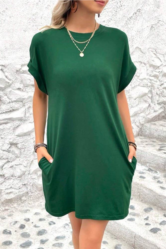 UNISHE - Wholesale Dress - Women's - Plain Fold Cuff Pockets Round Neck T-Shirt Dress ZK13334