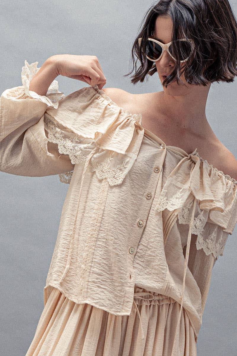 Urban Daizy - Wholesale Blouse - Women's - Lace Trim Ruffle Tie Neck Spring Blouse Top19