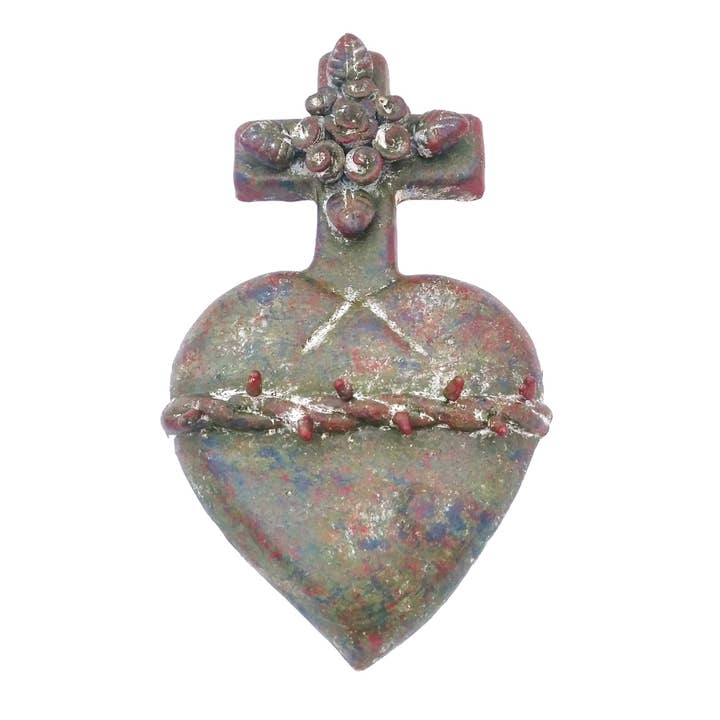 Pottery Heart With Cross and Flower Bouquet - Rustic Finish for wholesale by Sedona Spirit