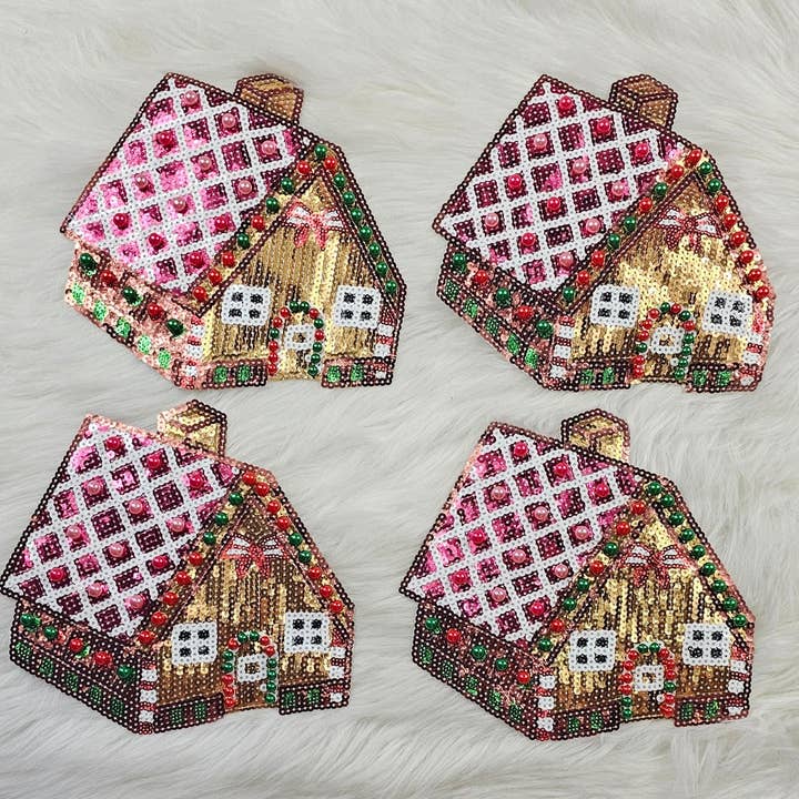 Scratch Decor - Wholesale Patch - Sequin Gingerbread House With Pink Roof Sequin Iron On Patch