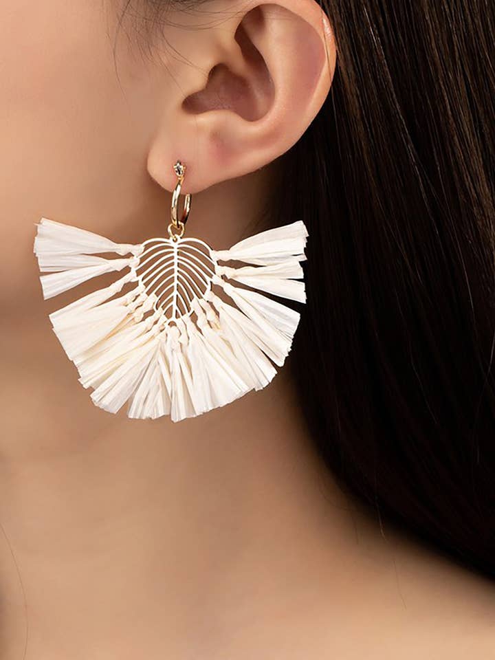 Statement earrings with raffia straw leaf drop for wholesale by REBDOLLS