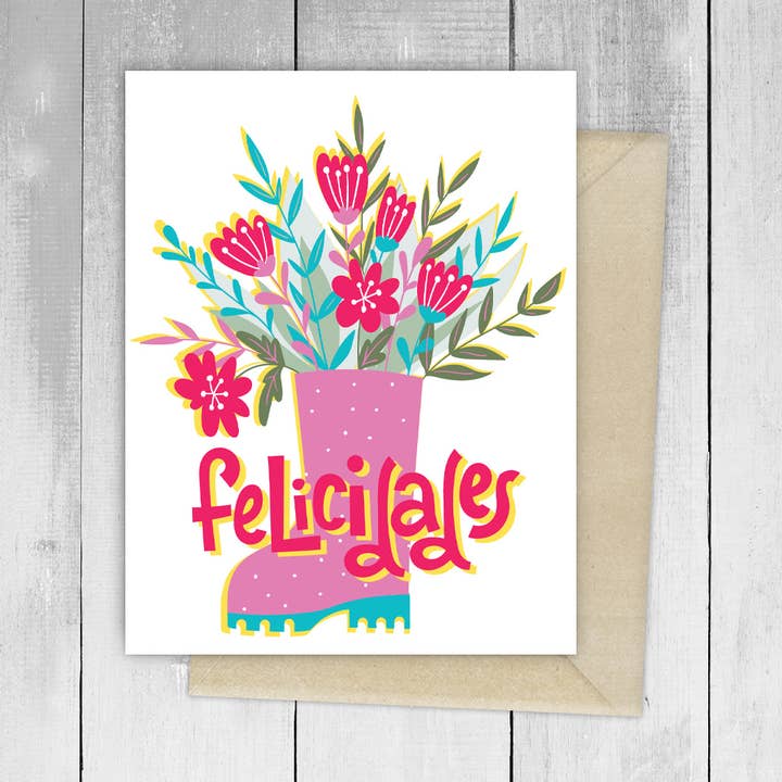 Felicidades Rain Boot Spanish Greeting Card for wholesale by Viva Greetings