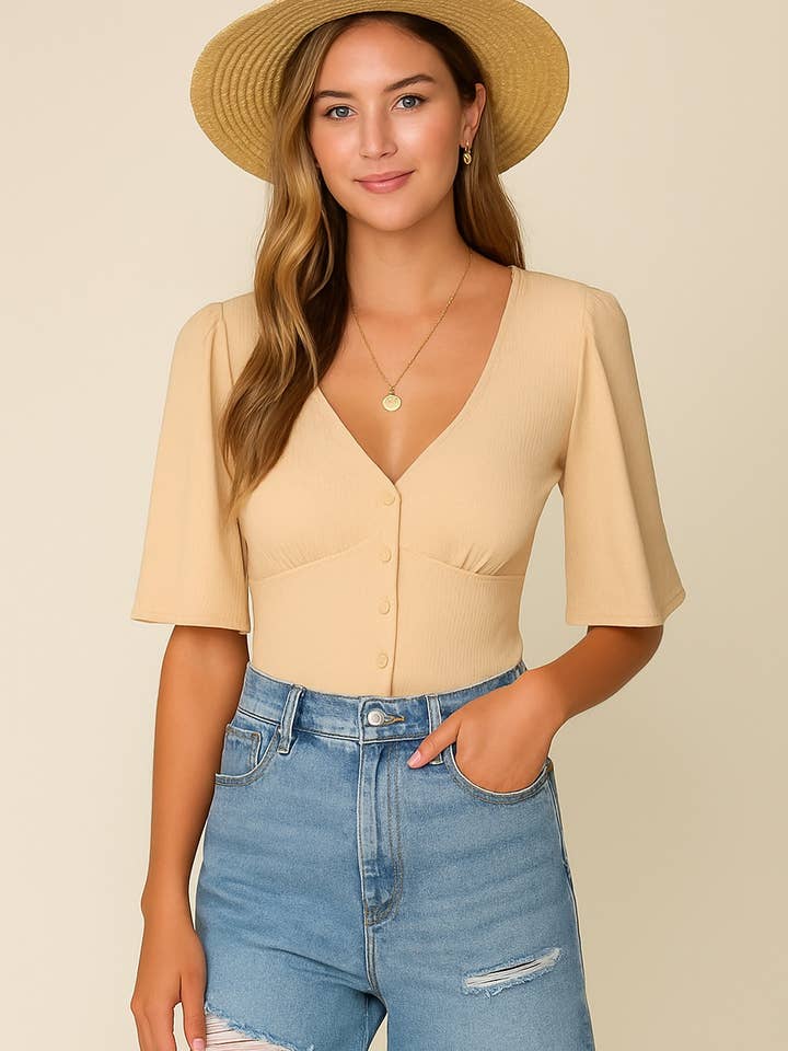 Serena Button Front Flutter Sleeve Airflow Top 3 for wholesale by TIMING