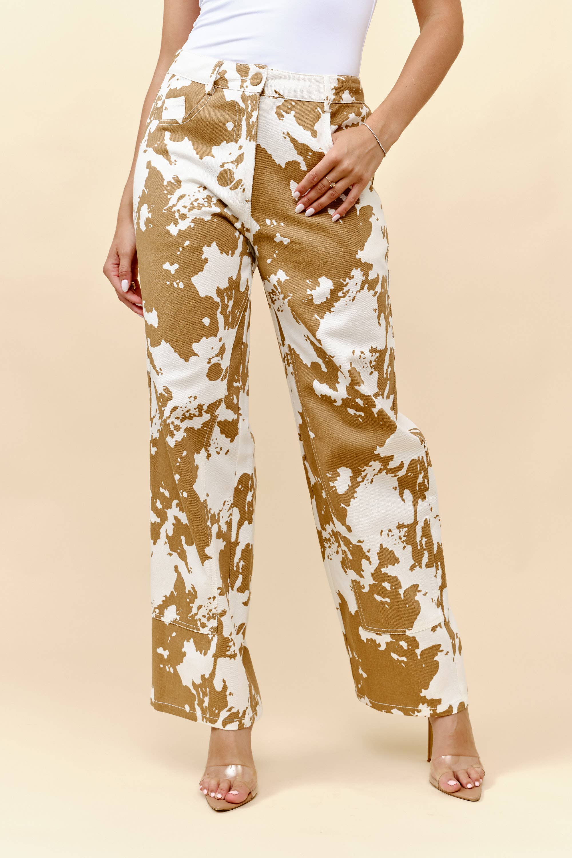Light Beige Cow print denim straight leg jeans for wholesale on Faire5