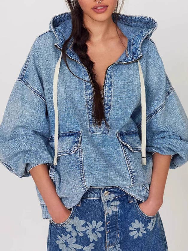 Blue Washed Denim Hooded Jacket Relaxed Mid Weight N5Z297 for wholesale on Faire0