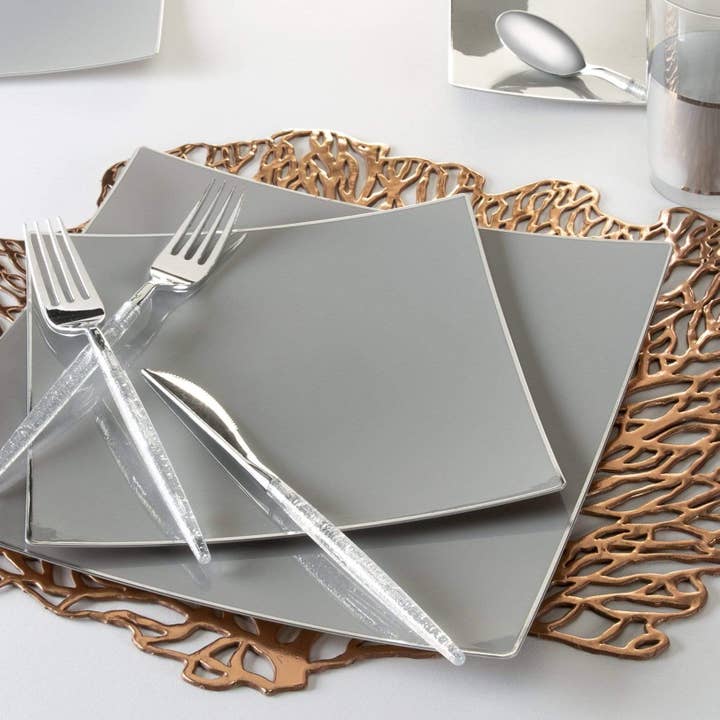 Luxe Party - Wholesale Disposable Plate - Square Grey • Silver Plastic Plates | 10 Pack