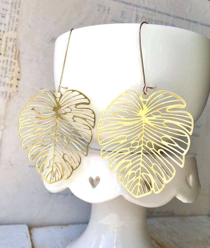 Red Truck Designs - Wholesale Dangle Earrings - Monstera Leaf Earrings Large Long Gold Lace Tropical3