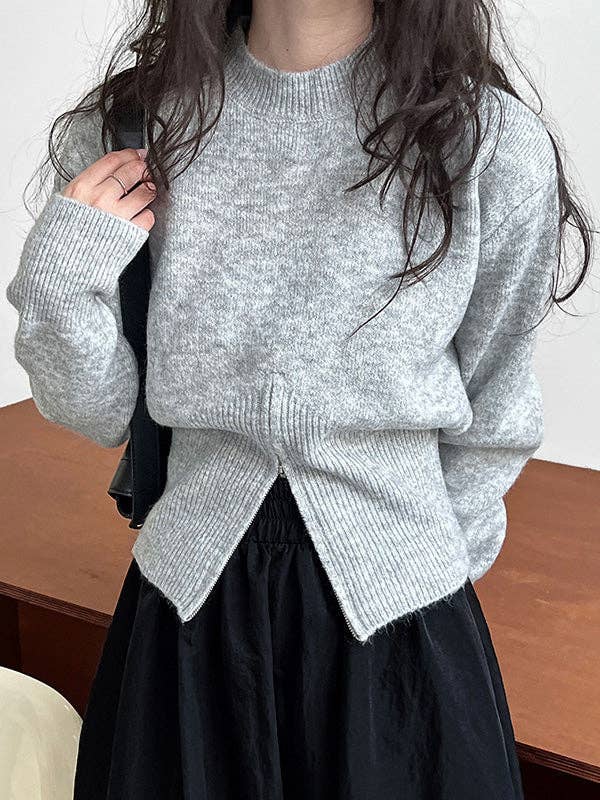 ginghamandposh - Wholesale Knit Sweater - Women's - Long Sleeves Loose Solid Color Zipper Mock Neck Pullovers Sweater Tops