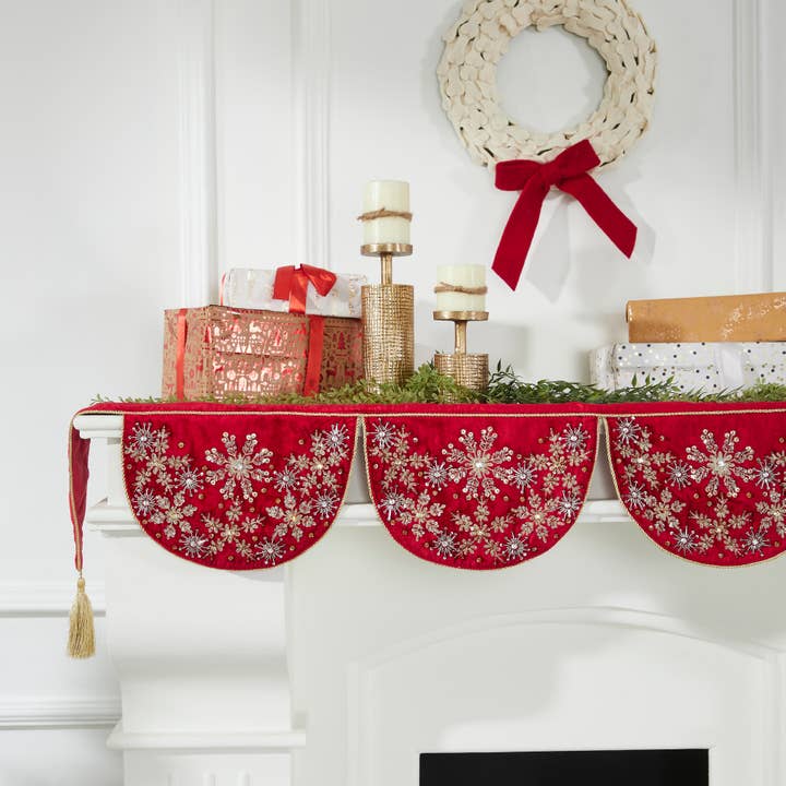 Arcadia Home – wholesale Mantle scarf – Red Velvet Christmas Mantle Scarf, Hand Beading, Embroidery