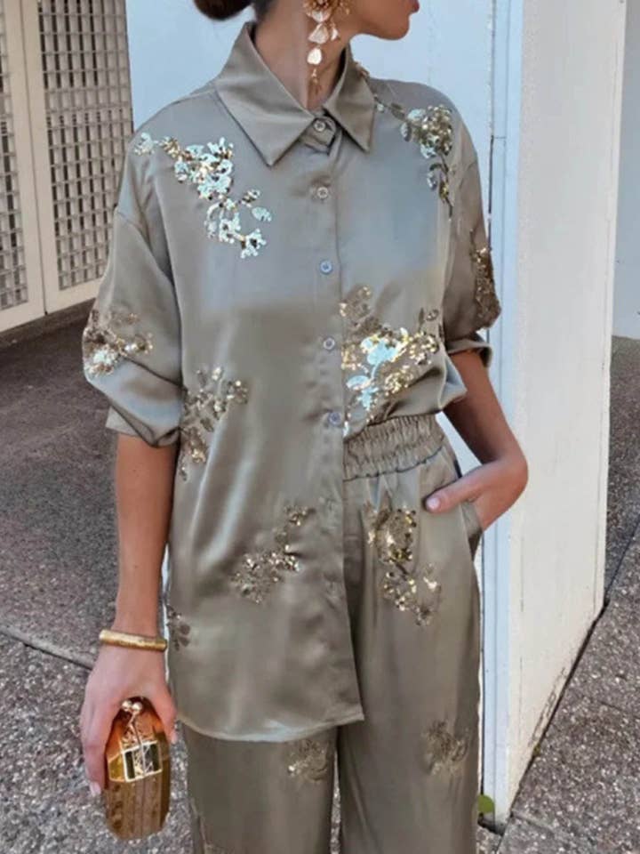 Pailletbroderet afslappet skjorte og bukser sæt DP25E622 for engroshandel hos Dipped Shop