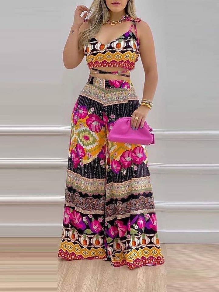 ensemble pantalon large avec haut bandage à imprimé floral pour la vente par Flarix